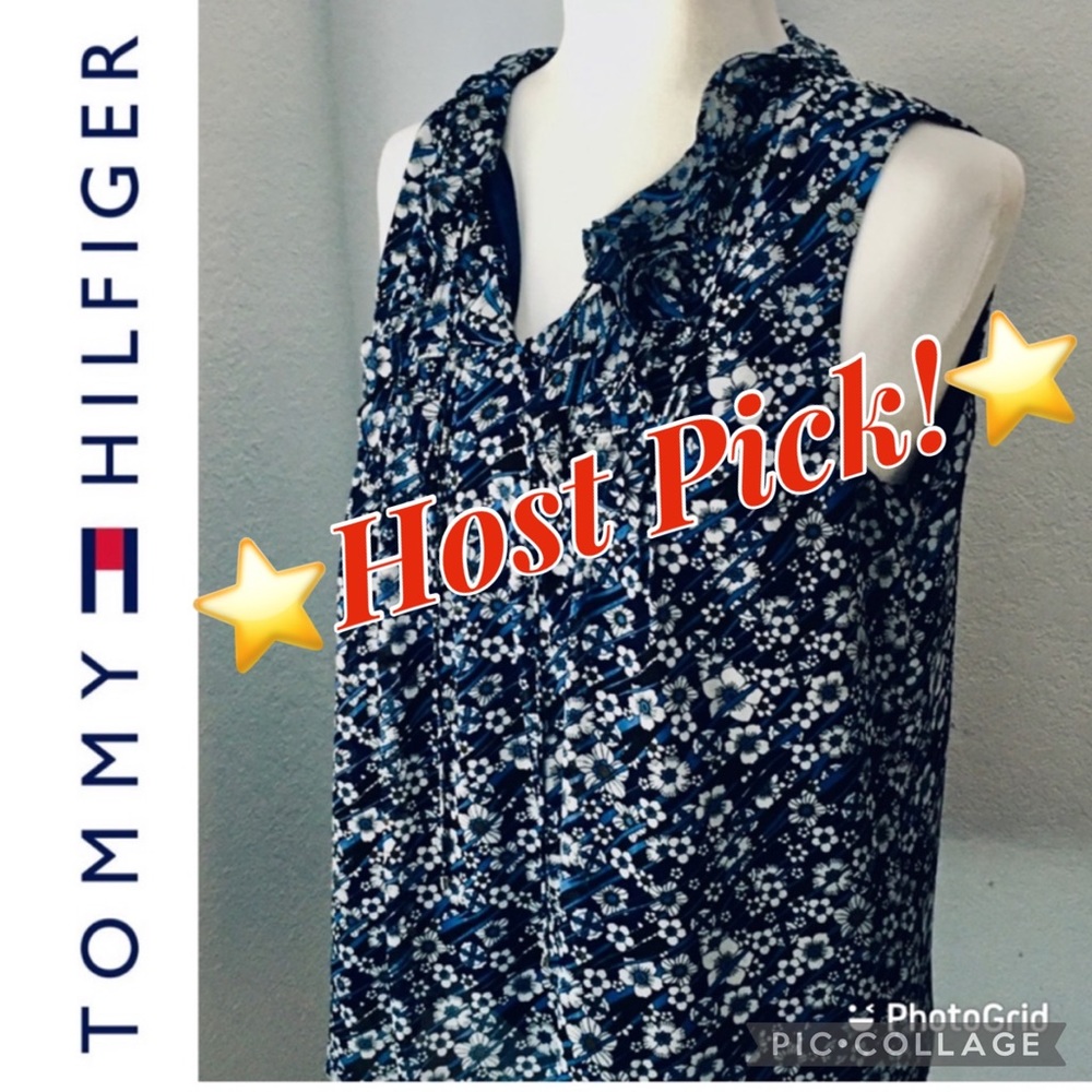 Tie Front Petite Top, Blue Floral, Hilfiger Size SP